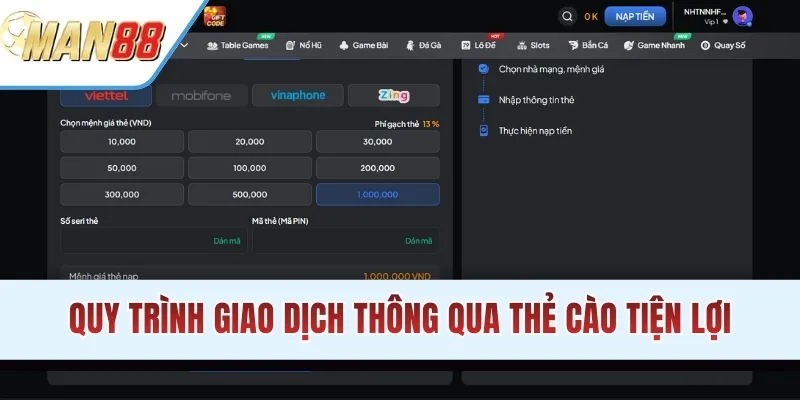 Quy trình giao dịch thông qua thẻ cào tiện lợi